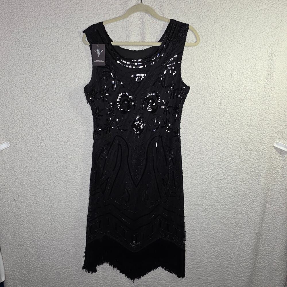 Vijiv M NWT Vintage inpired 1920's black beaded Sequin‎ sparkling dress Gothic